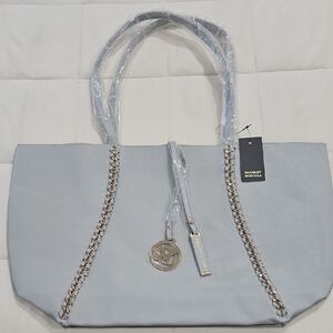 Badgley Mischka Light Blue Gray Tote with Gold Chains new w tags Free Shipping